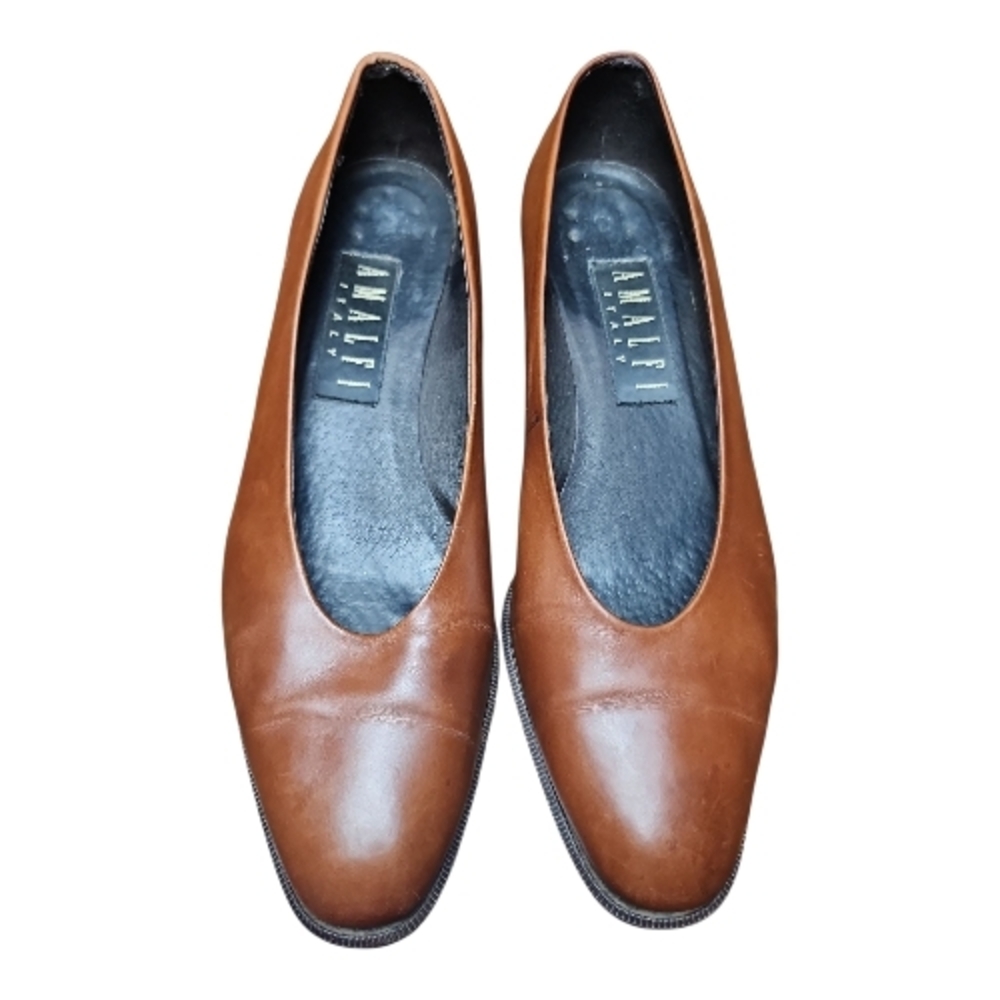 AMALFI | Women's Classic‎ Leather Italian Chunky Heel Brown Slip On Flats | 9 AA